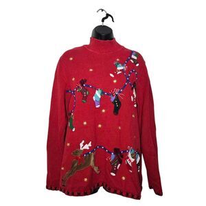 Vintage Basic Editions Holiday Sweater Size Large Red Christmas Reindeer Stockin